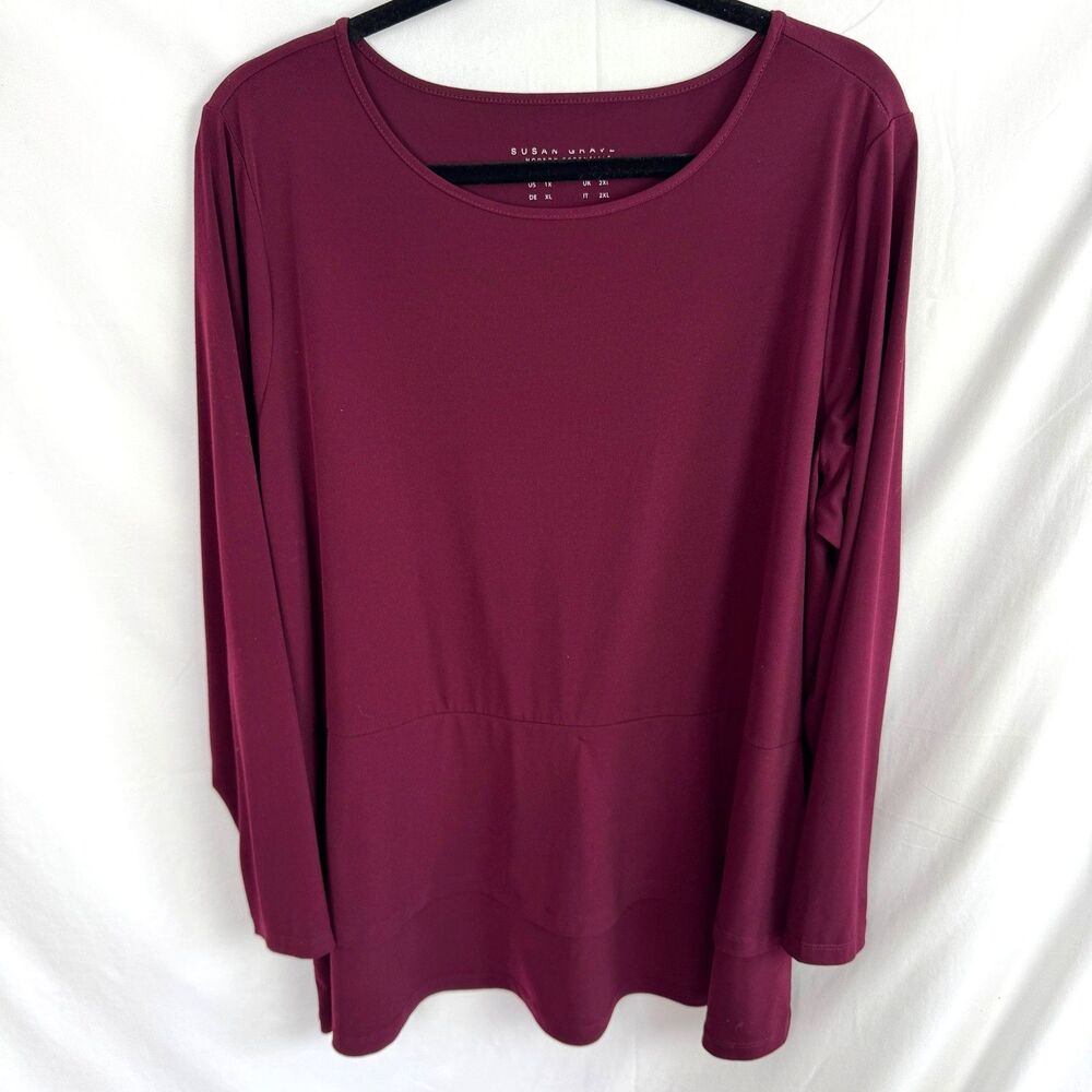 Susan Graver Modern Essentials Tunic Top Blouse Size 1X Burgundy Liquid Knit